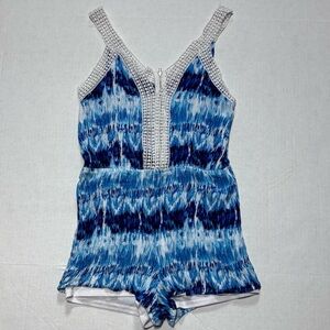 Charlotte Russe Crochet Embellished Tank Shorts Romper Blue White Lined  Sz‎ Med